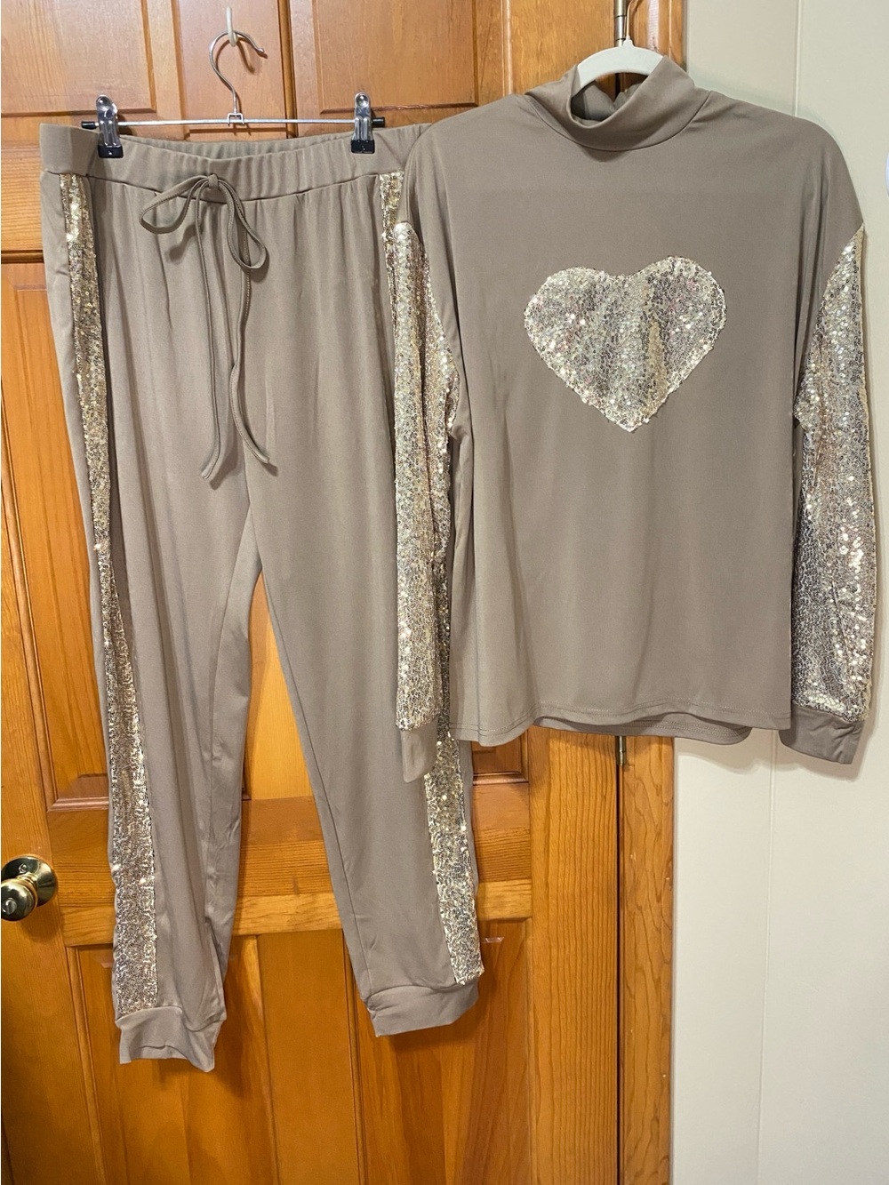 Plus Size Unbranded Sequin Heart Lounge Set in Taupe - Picture 2 of 6